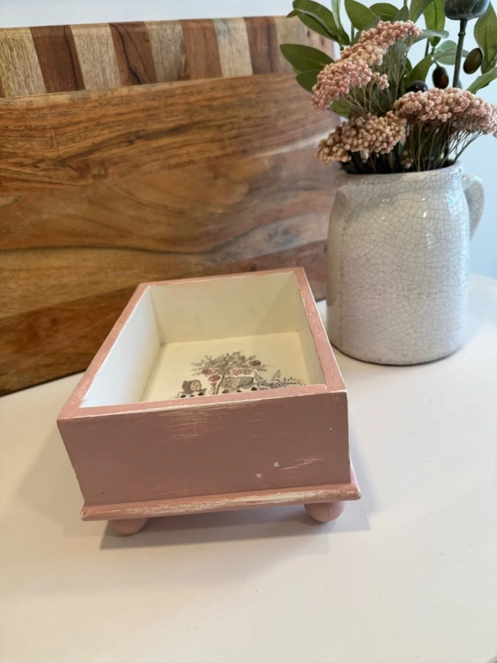 Decorative Painted Wooden Trinket Box or Catch All in Pale Pink and Cream